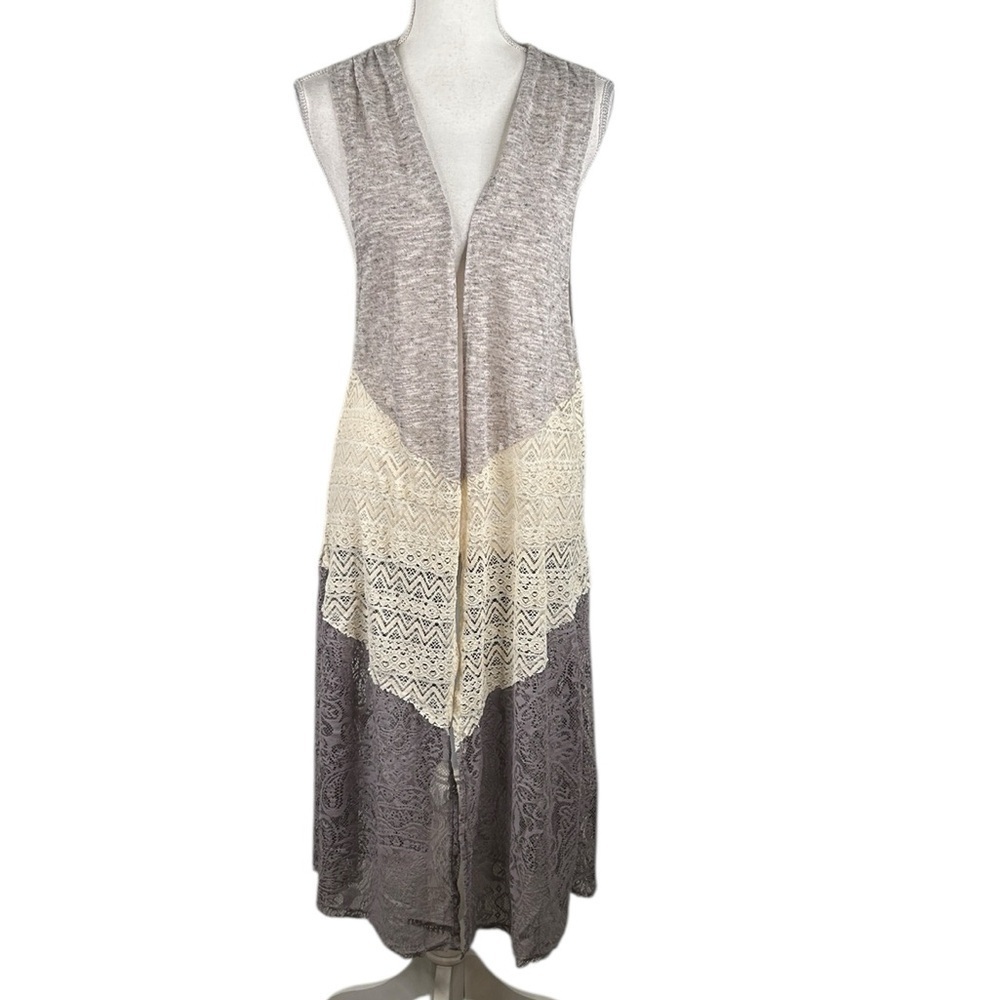 Democracy Gray & Cream Lace Boho Casual Festival Fall Open Cardigan Size Small